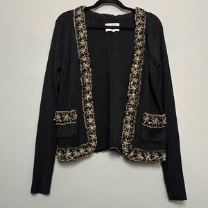 Pamela McCoy Crystal Embellished Cardigan Black Ribbed Sweater Women’s Size L